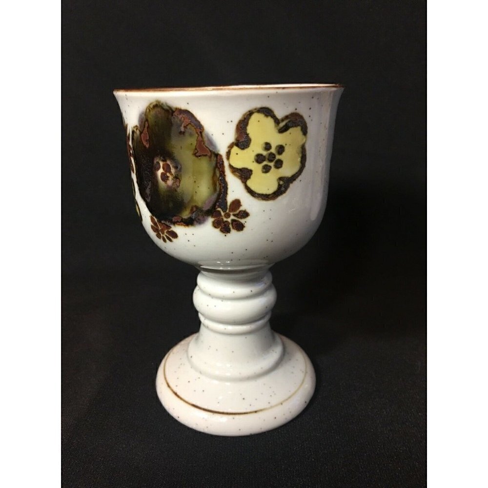 Otagiri 1970s Goblets & Carafe Set Wine Chalice Stoneware Pansy Floral Footed - Picture 4 of 12